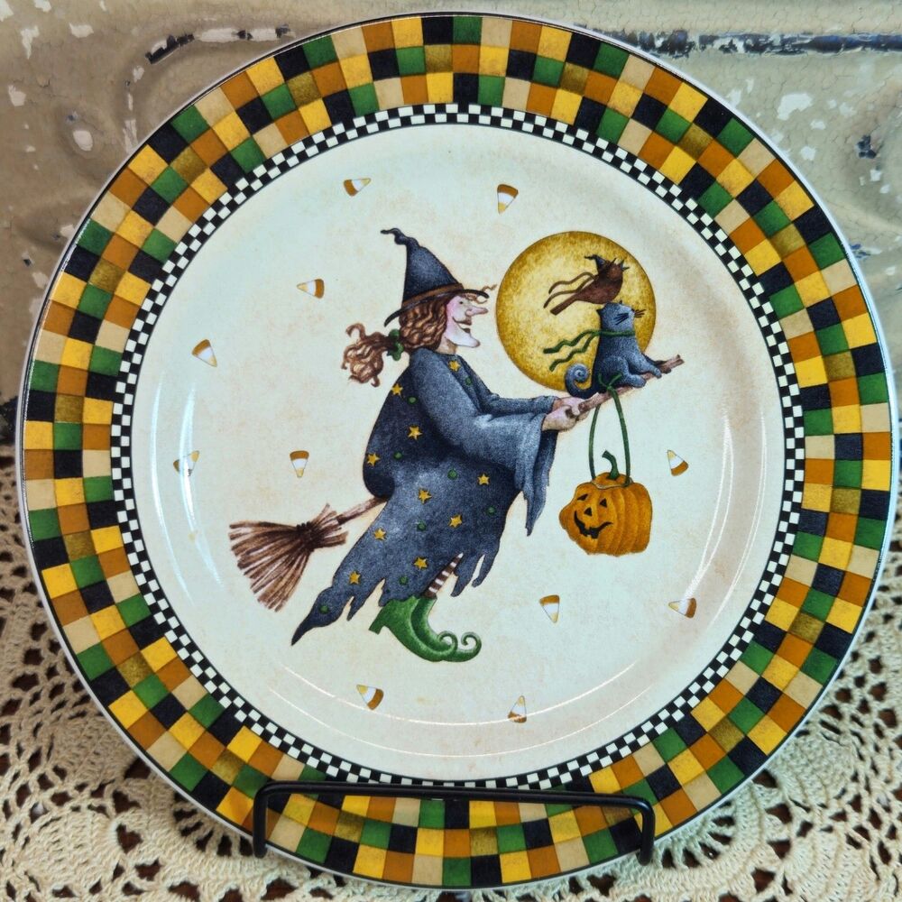 2001 Sakura Debbie Mumm Halloween Dessert Plate Witch Owl Cat Pumpkin 8"